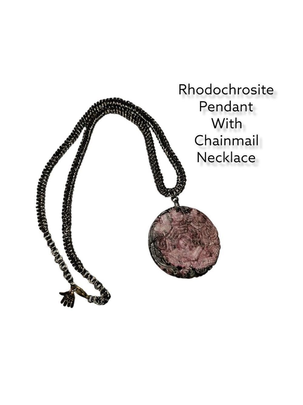 Rhodochrosite Pendant Necklace Gunmetal Chainmail #N37